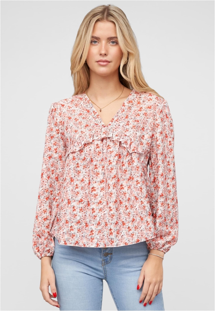 V-Neck Bluse mit Rschendetails und Blumen Print Cloud5ive